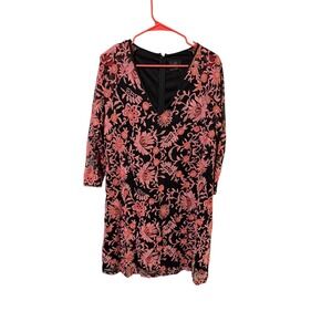 Adrianna‎ Papell Size 14 Black Pink Floral Lace Sheath Dress V Neck Embroidered